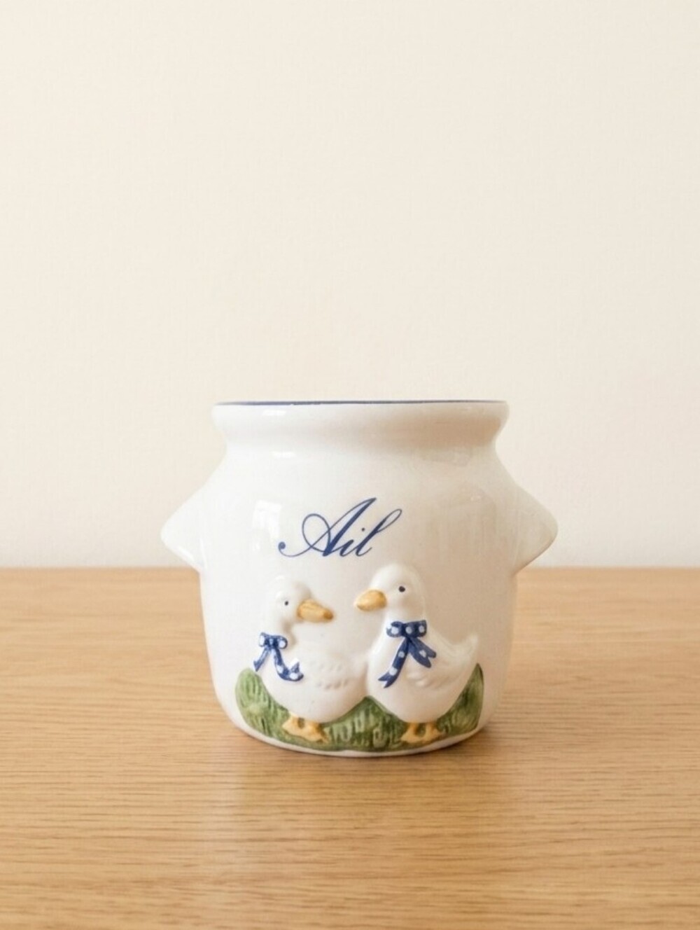 Vintage Blue Ribbon Goose Garlic Jar – “Ail” Ceramic Canister – Country Kitchen